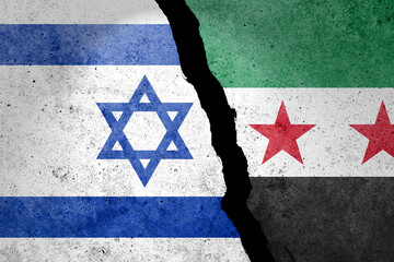 Israel and Syria flags on a concrete wall.