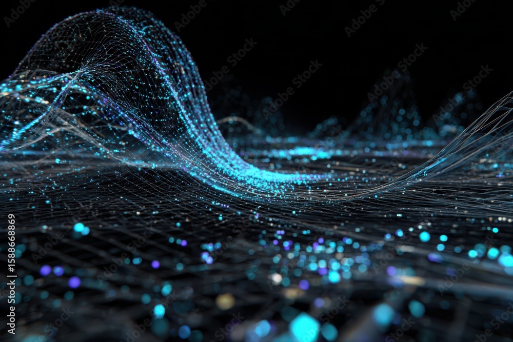 Poster a futuristic satellite network visualized on a computer screen with a blue and black background