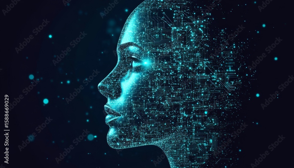 Poster futuristic cyber network with integrated ai systems and digital brain data flow conceptual design