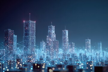 A bustling cityscape at night with numerous modern buildings illuminated by lights, showcasing smart building infrastructure.