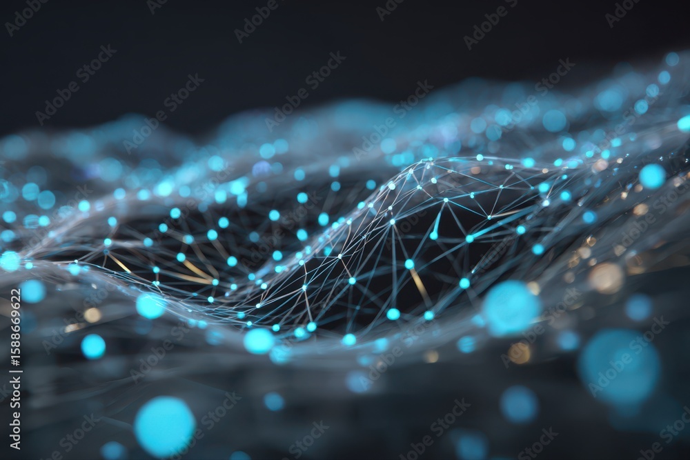Poster a visually appealing blue and black background featuring a network of interconnected lines, symboliz