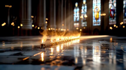 Fototapeta premium Glowing prayer candles create atmospheric path of light on church floor, illuminating stained glass windows and gothic architecture in spiritual ambiance.