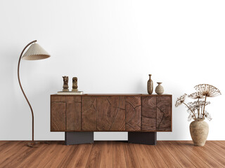 Artistic wood carved console cabinet with floor lamp and tribal vases isolated on transparent PNG – front view