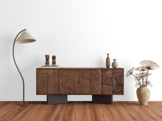 Artistic wood carved console cabinet with floor lamp and tribal vases isolated on transparent PNG – front view