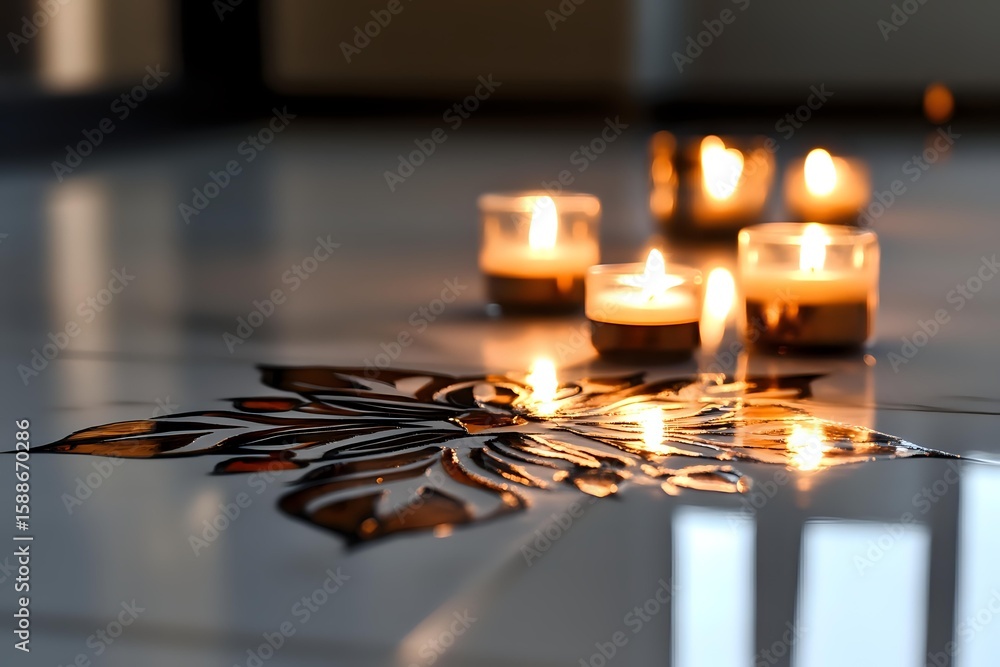 Poster glowing tea light candles arranged on decorative metallic snowflake pattern creating warm atmospheri
