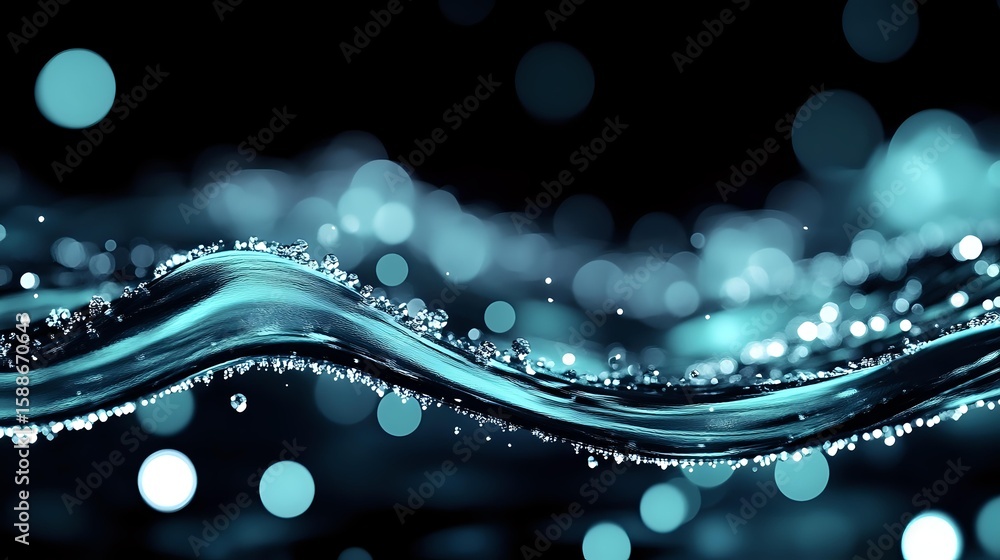 Poster flowing turquoise wave with sparkling water drops and bokeh lights on dark background creates magica