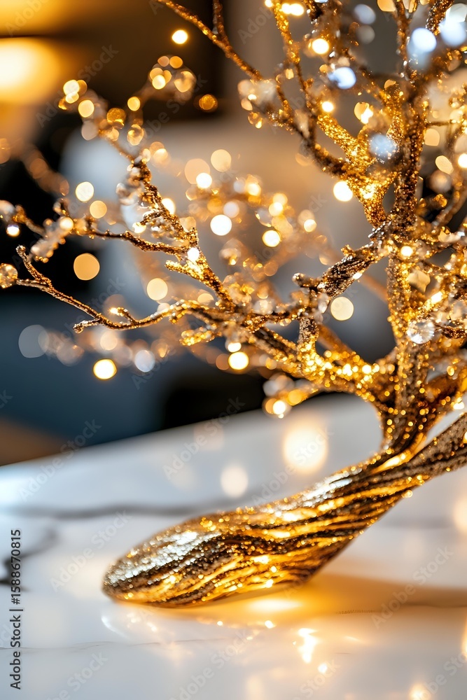 Poster glowing golden branches with sparkling lights and bokeh effect create magical holiday atmosphere on 