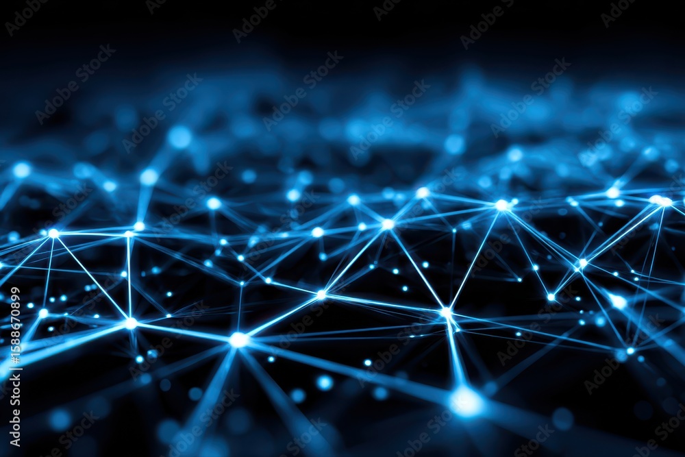 Poster a futuristic and abstract image featuring blue network lines on a sleek black background, representi