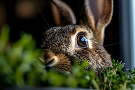 Close-up portrait of wild brown rabbit with bright blue eye peeking through green foliage. Dramatic lighting highlights facial features and fur texture. - Powered by Adobe
