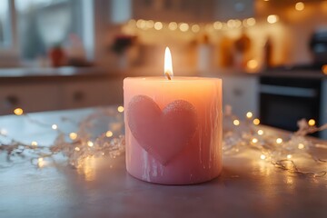 Glowing white candle with heart decoration surrounded by warm fairy lights creating romantic atmosphere on wooden surface. Soft bokeh background adds cozy ambiance.