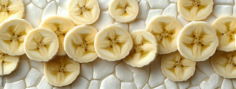Poster fresh sliced banana rounds arranged in neat rows on white background, showing natural star pattern i