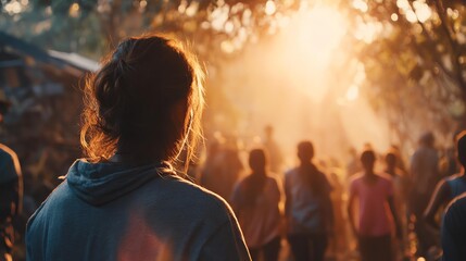 Leadership in Volunteer Programs A woman observing a crowd in soft sunlight.