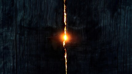 Glowing crack with fiery light emerging through dark wooden surface creates dramatic mysterious atmosphere for fantasy and horror designs.