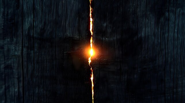Glowing crack with fiery light emerging through dark wooden surface creates dramatic mysterious atmosphere for fantasy and horror designs.