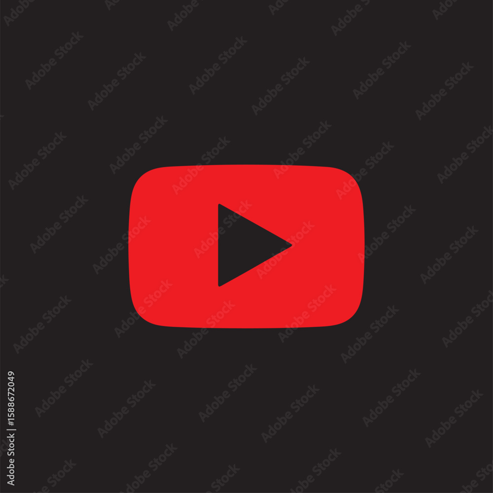 Poster a red play button icon inside a rounded rectangle, centered on a dark gray background.