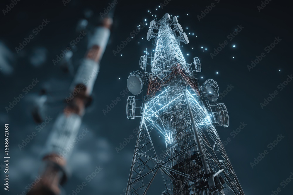 Poster a futuristic 5g internet tower visualized as a large metal structure with another large metal struct