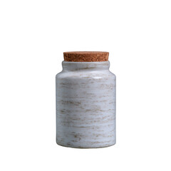 A rustic glass jar with a cork lid, perfect for storing spices, herbs, or other kitchen essentials. Ideal for a clean and minimalistic kitchen design or organization project.