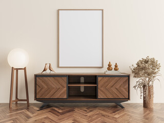 Vertical wooden frame mockup above dark modern cabinet with chevron pattern and artistic bird sculptures