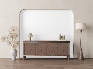 Modern sideboard with herringbone wood texture and ceramic vases isolated on transparent background...