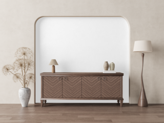 Modern sideboard with herringbone wood texture and ceramic vases isolated on transparent background – front view