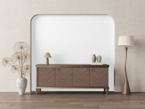 Modern sideboard with herringbone wood texture and ceramic vases isolated on transparent background – front view