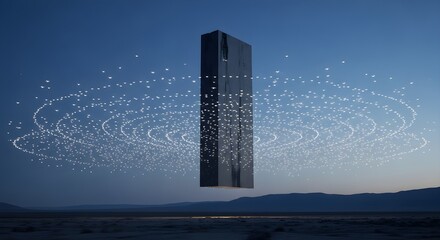Monolithic structure hovers over desert landscape, surrounded by swirling energy.