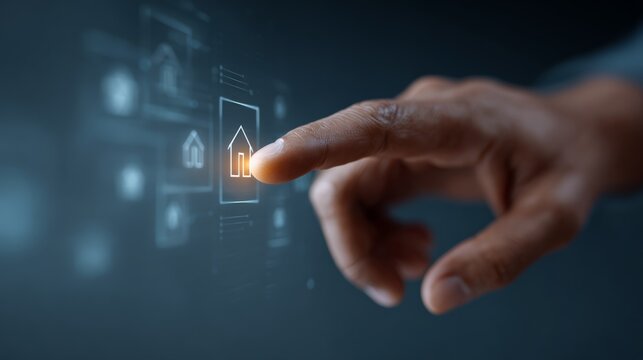 Businessman touching a house icon on a futuristic screen, engaging in online property purchases and exploring the real estate market