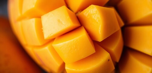 Close-up of a ripe mango, vibrant yellow-orange skin, subtle blush,  macro,  plant