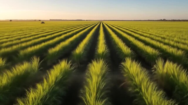 Aerial view of a vast green crop field with parallel rows stretching to the horizon at sunset