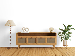 Light oak cane sideboard with modern sculptures and decor objects isolated PNG – front view