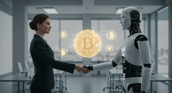 Businesswoman and robot shaking hands, symbolizing future collaboration in cryptocurrency.