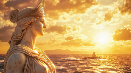A magnificent statue of Athena, the ancient greek goddess of wisdom, craft, and warfare. Sea and clouds in background.