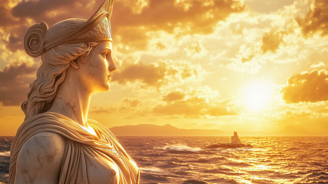 A magnificent statue of Athena, the ancient greek goddess of wisdom, craft, and warfare. Sea and clouds in background.