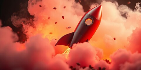 Coffee bean rocket launching amidst steam, vibrant colors, dynamic energy,  energy,   blast off