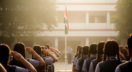 School children saluting the Indian flag during a morning flag-raising ceremony.