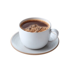 A steaming cup of coffee on a white ceramic saucer, showcasing rich, dark liquid and frothy surface, perfect for cozy mornings or energizing breaks.