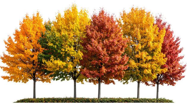 Beautiful autumn trees displaying vibrant colors isolated on transparency background .