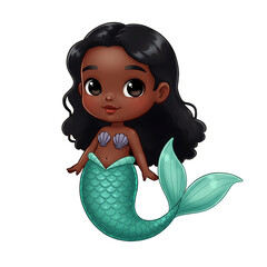 Cute Black Skinned Mermaid Cartoon Isolated Orange Background