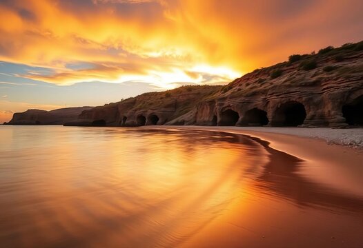 Golden sunset casts long shadows on Anzio's Grotte di Nerone beach, calm sea reflecting the fiery sky,  sky,  Rome