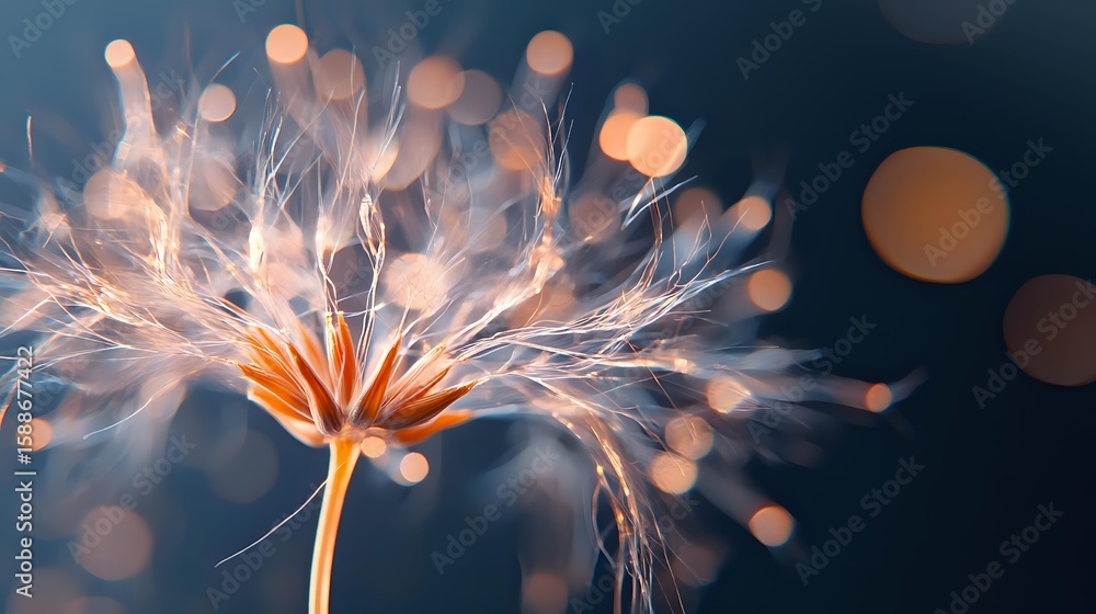 Poster delicate dandelion seeds catch golden light against blurred bokeh background, creating dreamy macro 