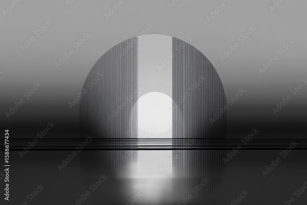 Poster abstract grayscale image depicting a minimalist architectural design with a curved doorway and refle