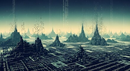 Futuristic alien landscape with geometric structures and digital rain, depicting a surreal, otherworldly city.