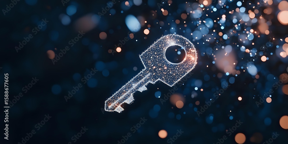 Poster glowing transparent key floating in dark space with magical sparkles and bokeh lights creating mysti
