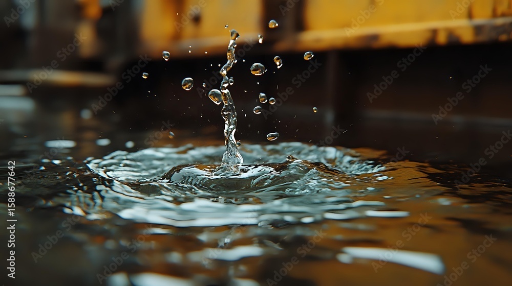 Poster water drop splash creating crown-shaped formation with floating droplets against dark background wit