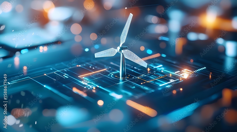 Poster miniature wind turbine on circuit board with glowing blue technology background and bokeh lights, re