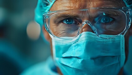 Healthcare professional wearing protective surgical mask, safety goggles and scrub cap in hospital operating room with dramatic teal lighting and bokeh background.