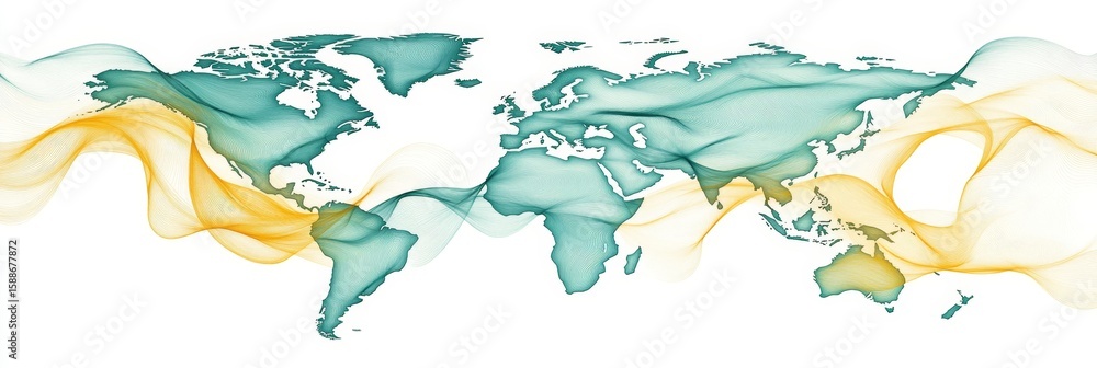 Poster intricate vector illustration of global financial data flow with maps and wavy lines in colors