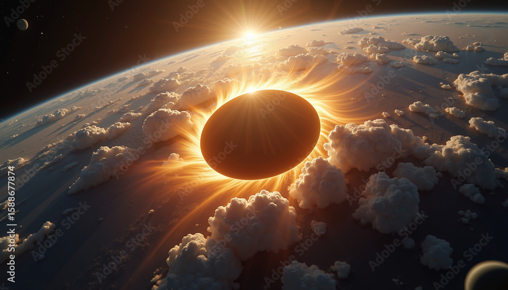 Poster solar eclipse view from space with sun shining behind clouds