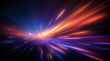 Vibrant light trails creating dynamic motion effect with orange, red, blue and purple streaks radiating from central point against dark background. Suitable for tech backgrounds.