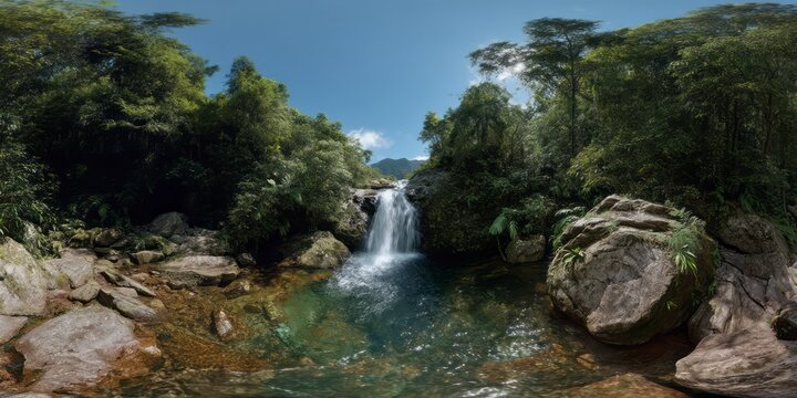 Breathtaking waterfall view lush jungle 360 degrees hdr panoramic photography nature scene